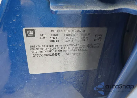 2017 Chevrolet Cruze Lt Auto из США, поврежденный, VIN 1G1BE5SM8H7256986